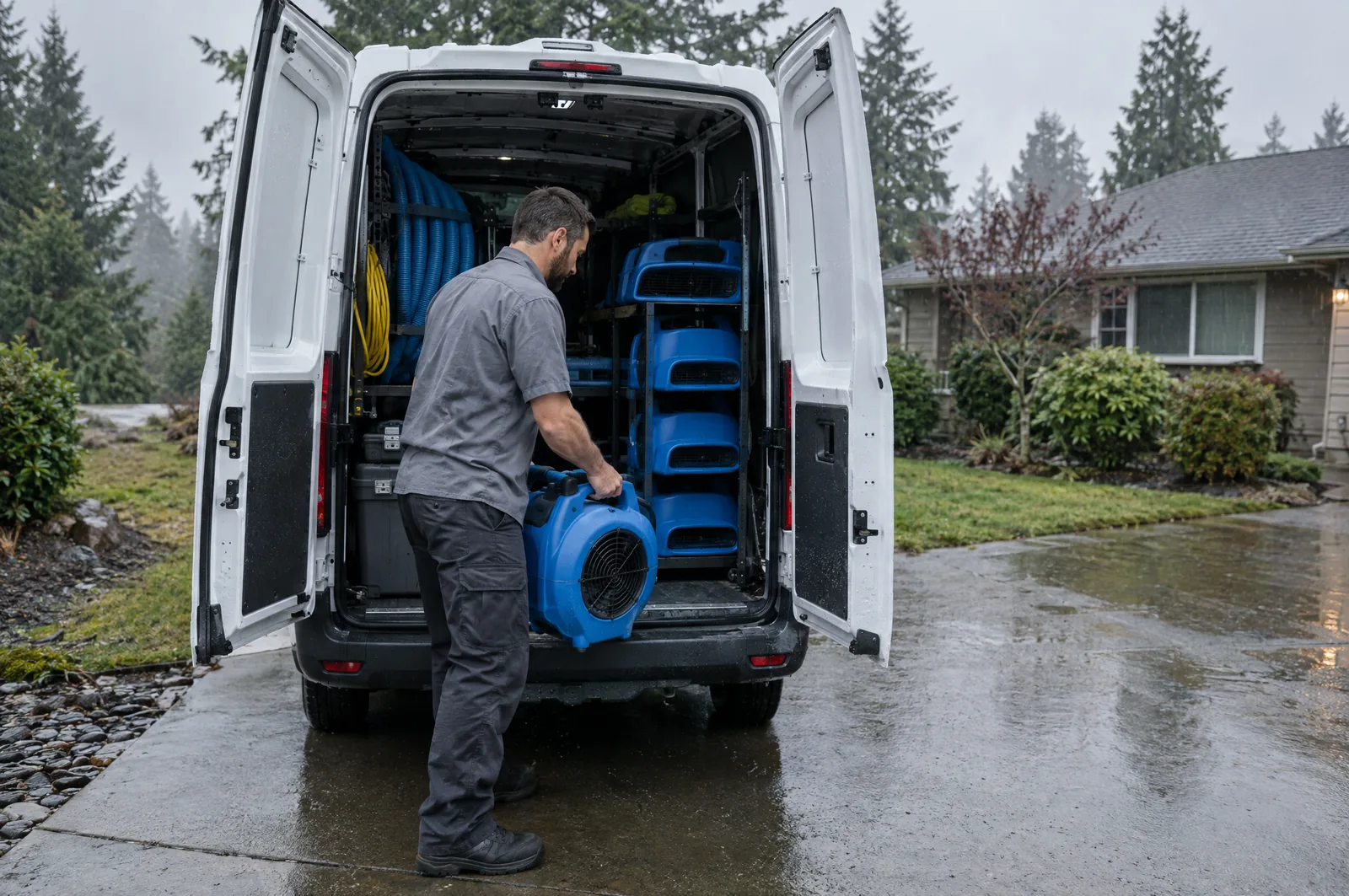 Restoration technician unloading air movers from a work van in a Tumwater, WA driveway on a rainy day