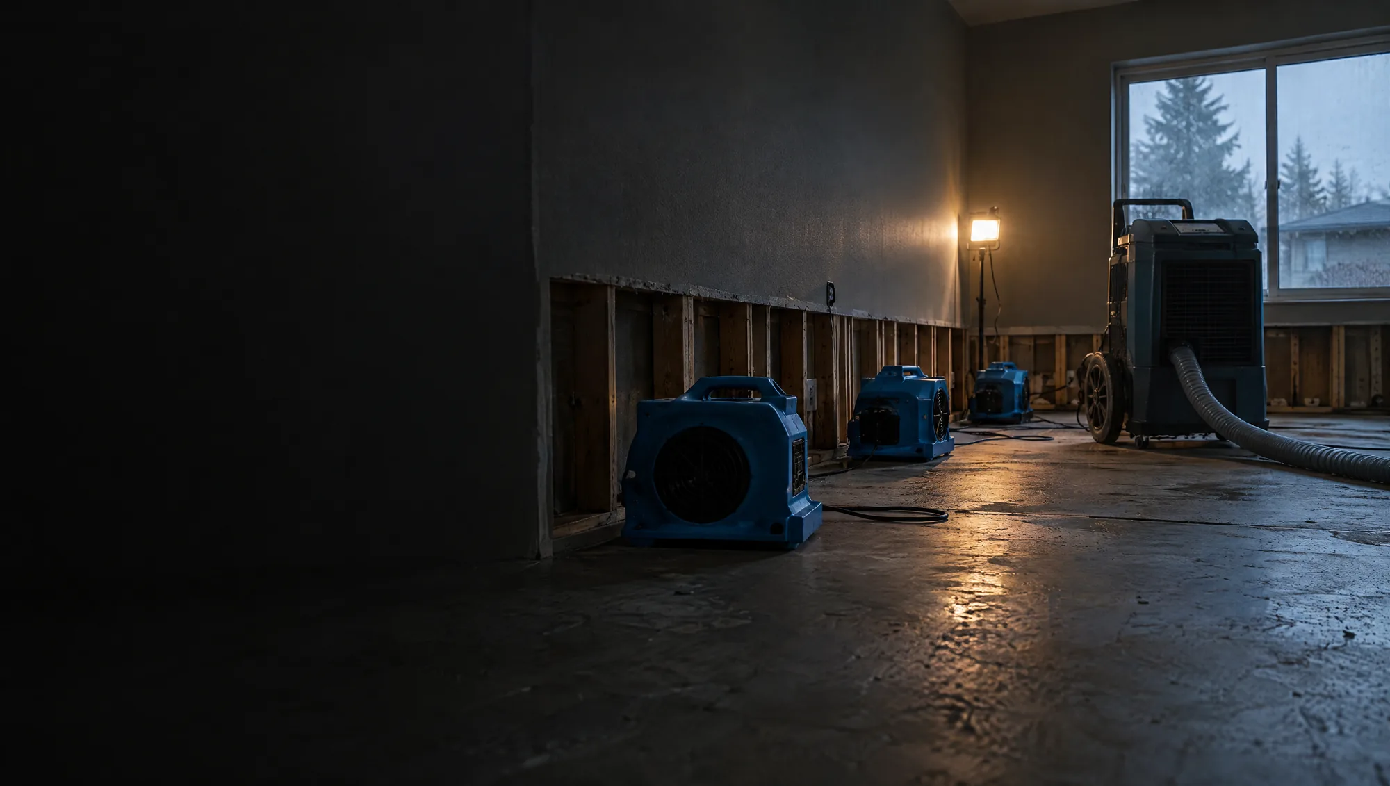 Air movers and an LGR dehumidifier drying a Tumwater, WA home after a water loss, with the wall opened on a flood cut