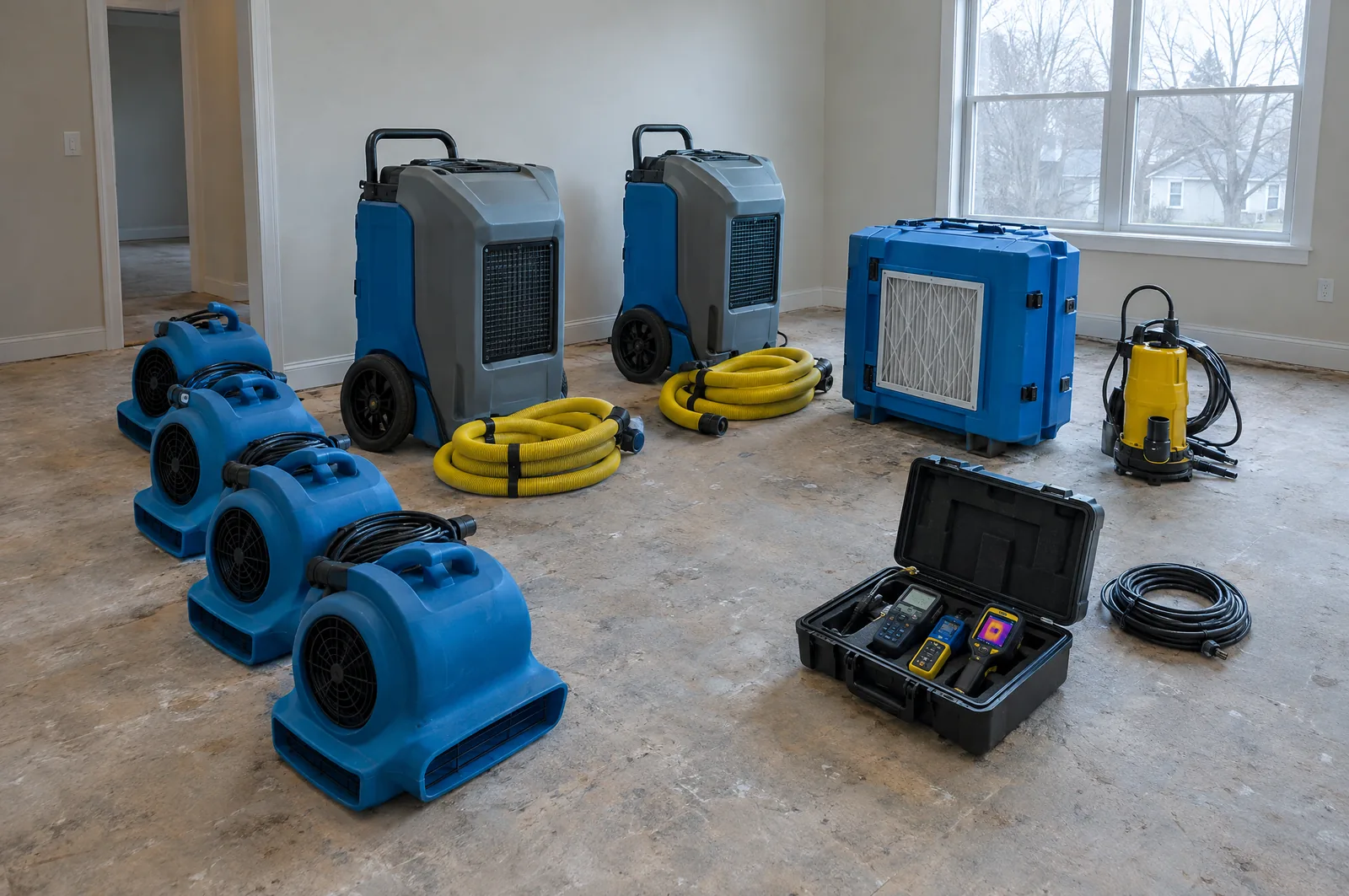 Air movers, LGR dehumidifiers, a HEPA air scrubber and moisture meters staged for a restoration job in Tumwater, WA