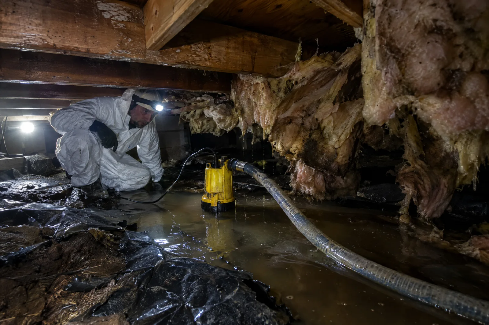 Submersible pump removing standing water from a flooded crawlspace with saturated insulation falling from the joist bays and a torn vapor barrier, under a Tumwater, WA home
