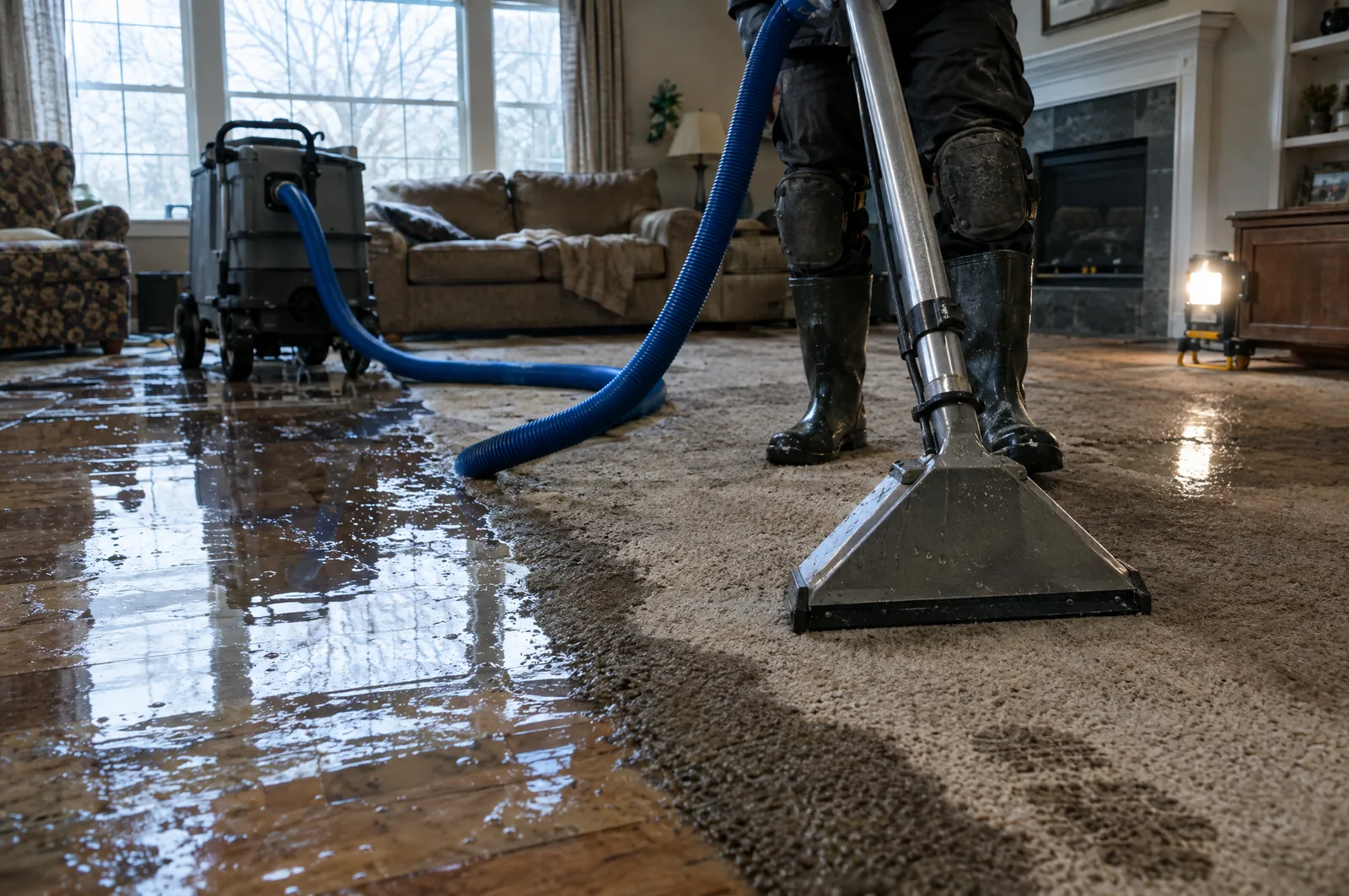 Technician using a weighted extraction wand on soaked carpet beside standing water, with a portable extraction unit and hose during emergency water extraction in Tumwater, WA