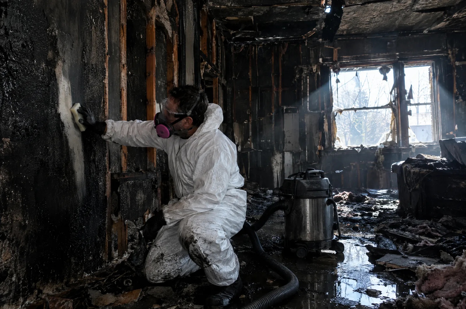 Technician in a Tyvek suit and P100 respirator wiping soot from a fire-damaged wall with a chemical sponge, leaving a clean streak, in a Tumwater, WA house fire