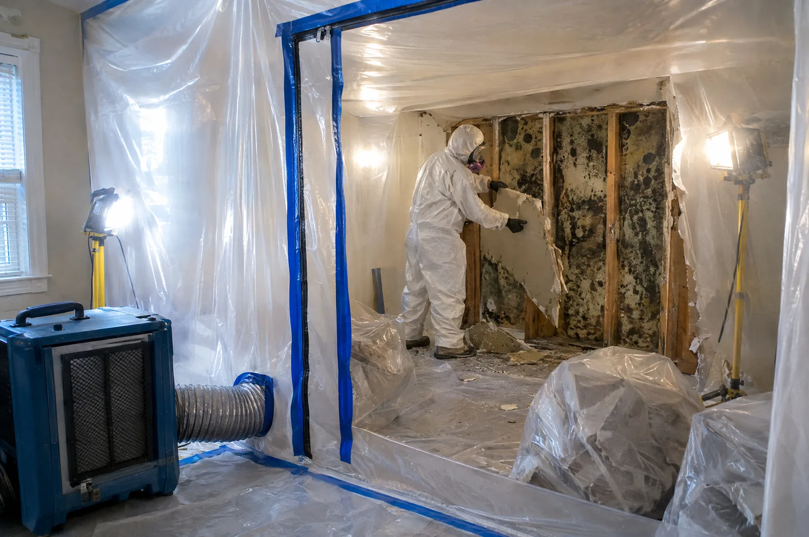 Technician in full PPE removing moldy drywall inside a sealed poly containment with a negative air machine and ducting, exposing mold on the wall studs in a Tumwater, WA home