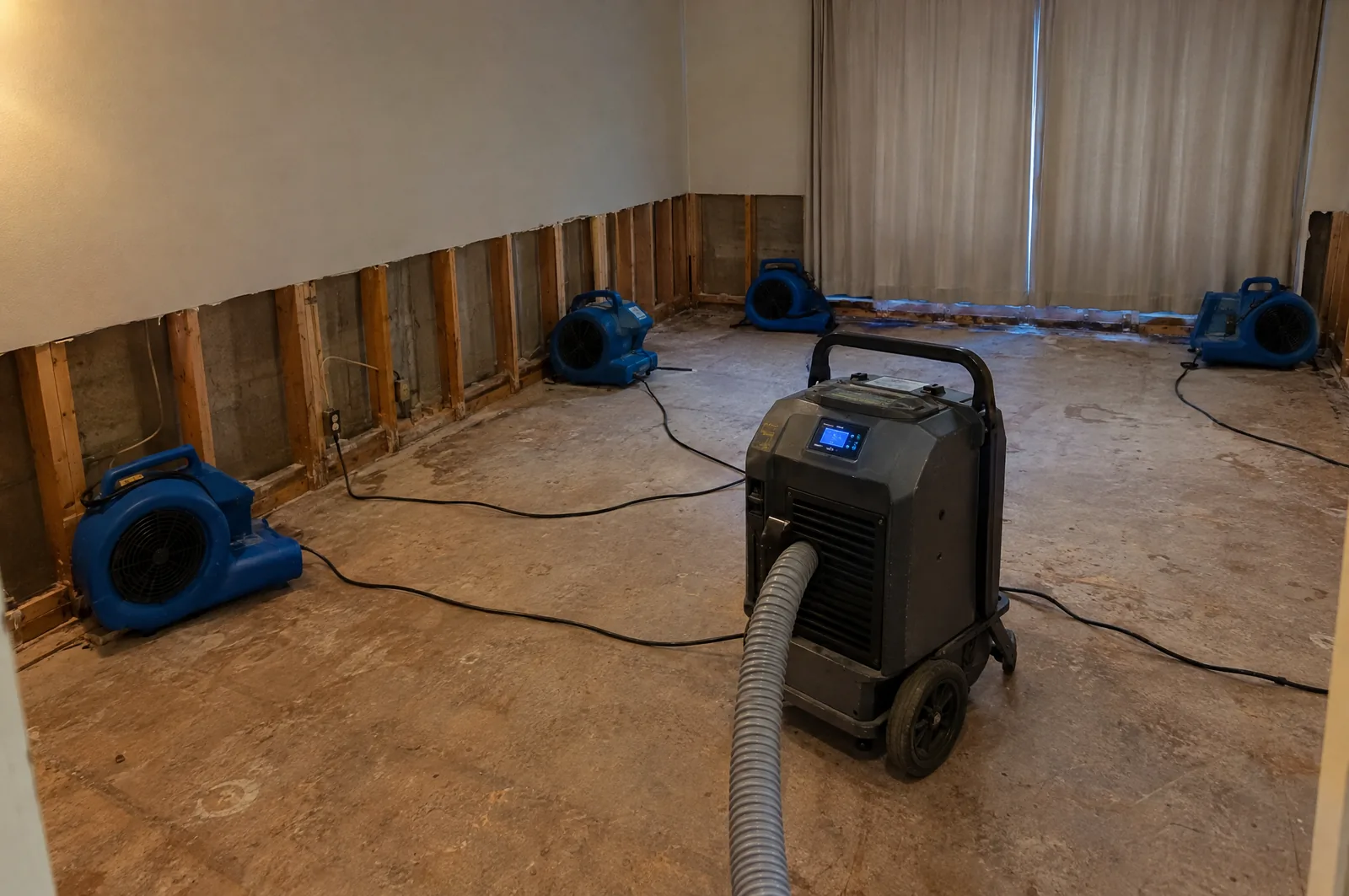 Four air movers and a low-grain refrigerant dehumidifier drying a room after a flood cut exposed the wall studs and bottom plate in a Tumwater, WA home