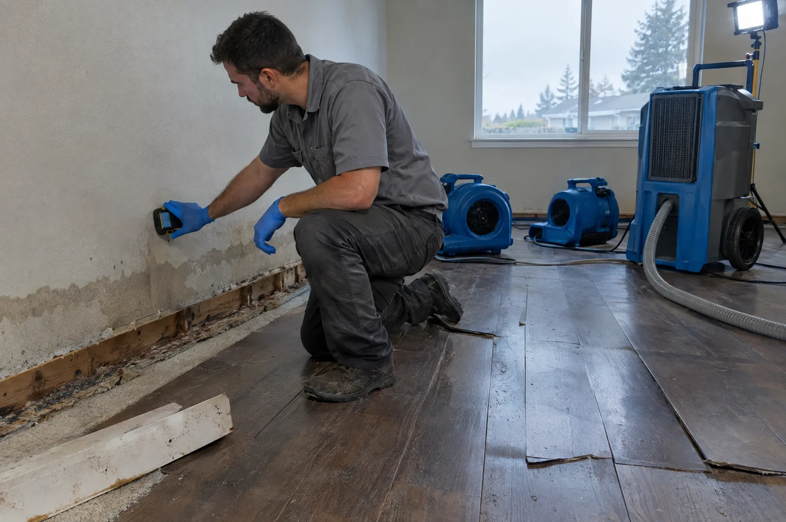 Restoration technician taking a moisture reading on water-stained drywall above a removed baseboard, with air movers and an LGR dehumidifier running behind him in a Tumwater, WA home